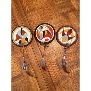 Native American signed by artist hand painted drum wall hangings set of 3